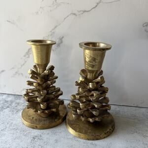 Pair If Vintage 1999 Brass Pinecone Candleholders Y2K 3 1/2 Inches